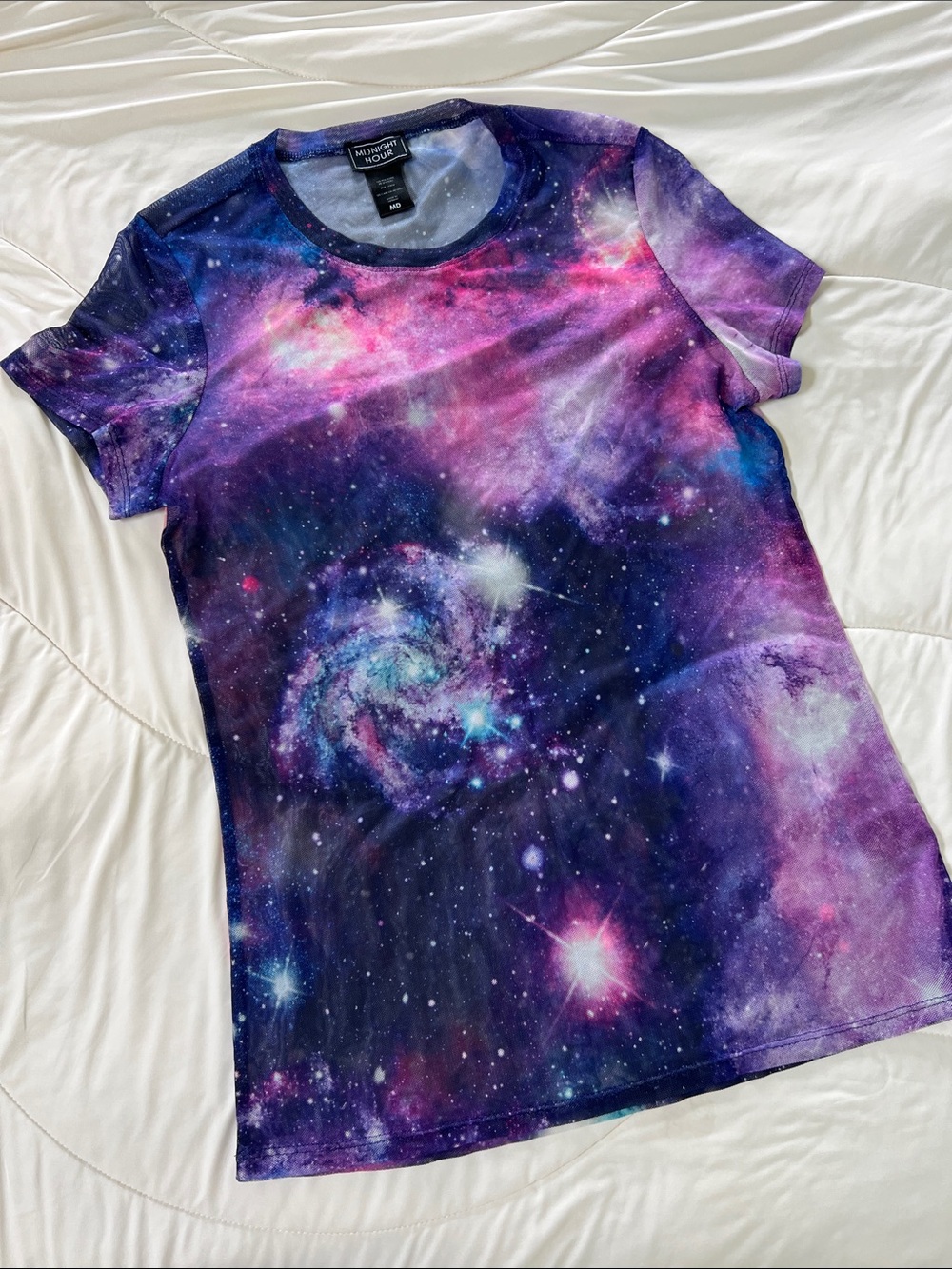 Sheer Mesh Galaxy Print Tee - Purple Cosmic Print Women's Top